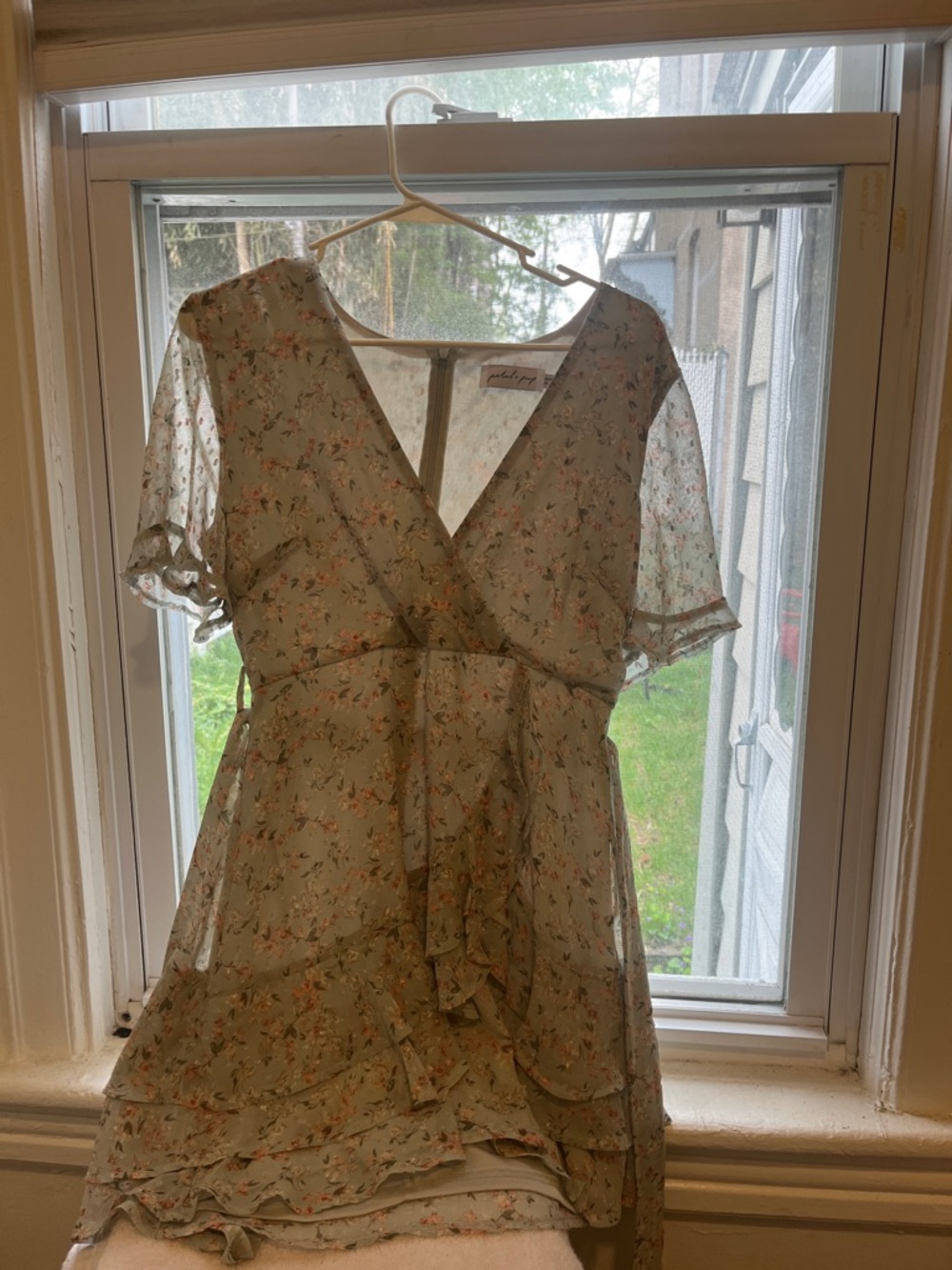 Petal & Pup Light Sage Floral Tie-Waist Mini Dress
